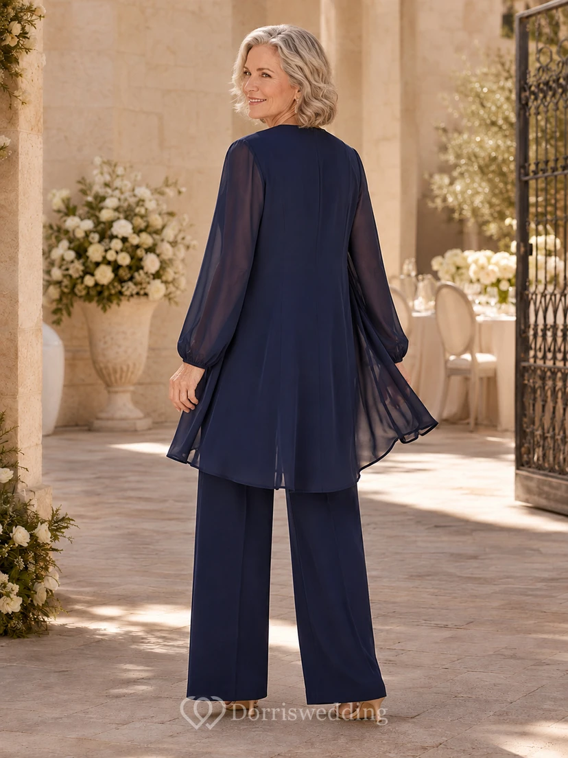 Dark Navy Mother Jumpsuit with Scoop Neck Chiffon Jacket, Beaded Waist and Wide Leg Pants view 2