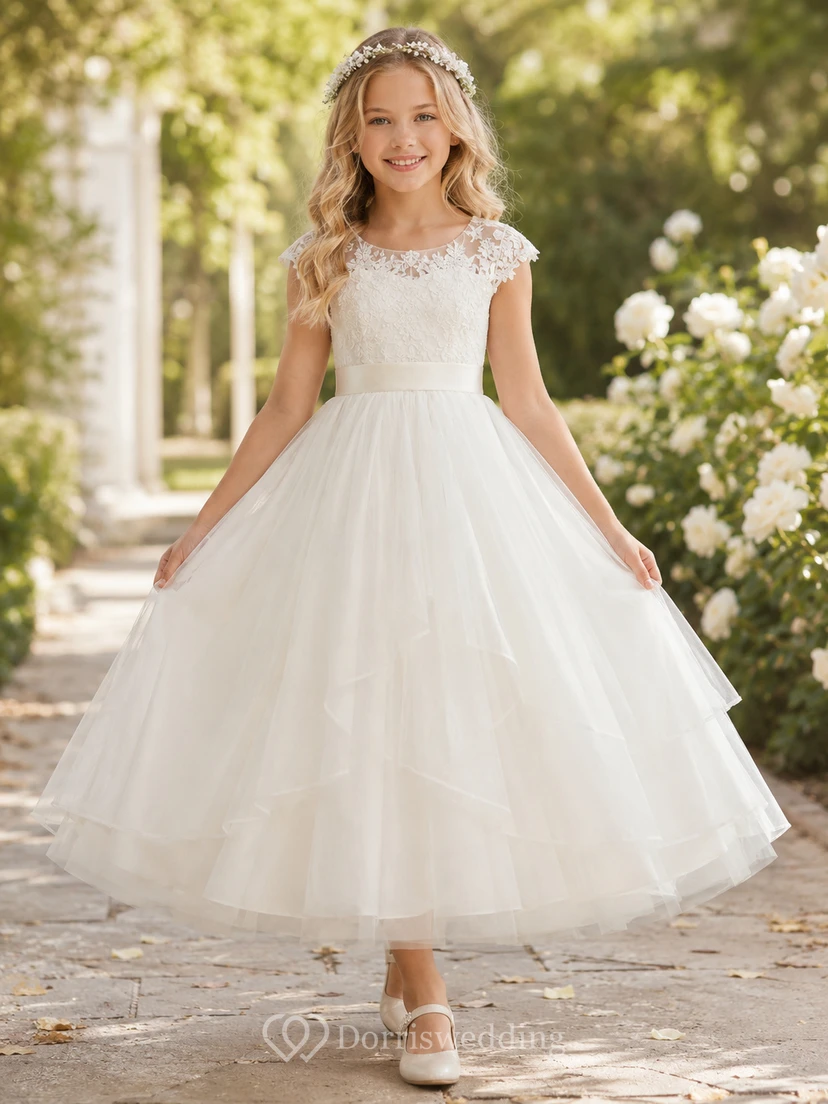 Vestido blanco de niña de las flores, lujoso vestido de gala hasta los tobillos, mangas cortas ilusión, encaje, tul escalonado, satén, cintura