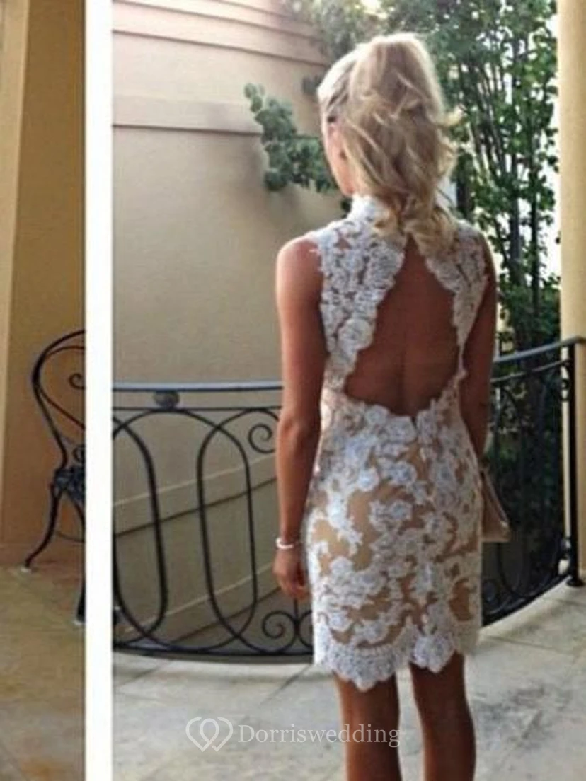 sheath High Neck Sleeveless Short Lace Dresses view 2