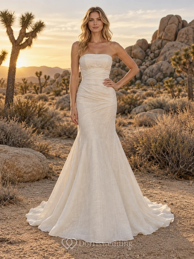 Vestido de novia sencillo, sin tirantes, estilo sirena, sin mangas, fruncido, de mezcla de lino, largo hasta el suelo