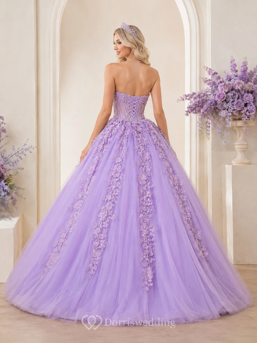 Lavender Luxury Strapless Sweetheart Three Dimensional Floral Tulle Princess Quinceanera Ball Gown view 2