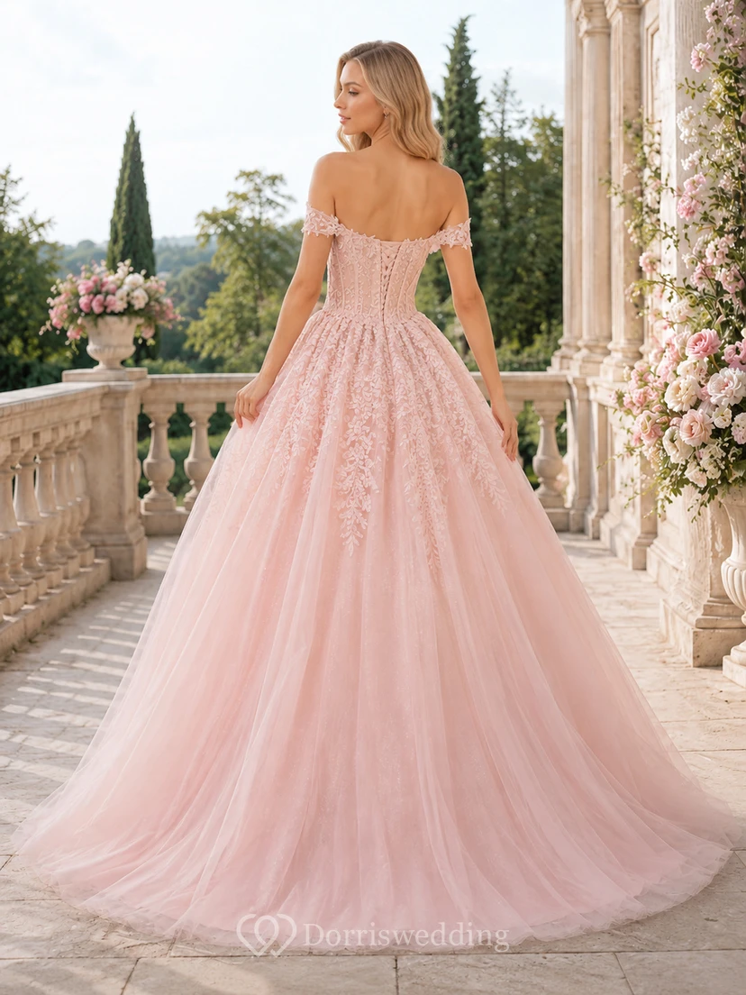 Romantic Blush Off-Shoulder Lace Tulle Ball-Gown Sweep-Train Quinceanera Prom Dress view 2