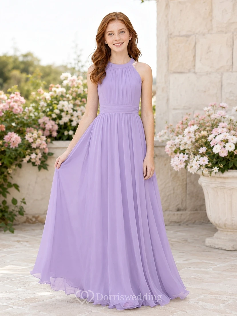 Lavendelfarbenes Brautjungfernkleid für junge Damen, A-Linie, hoher Kragen, ärmellos, Chiffon, plissiert, dezent
