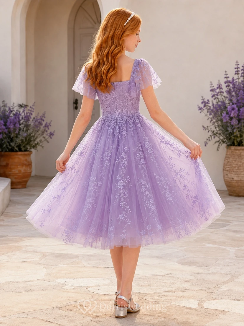 Lavendelfarbenes Brautjungfernkleid für junge Damen, A-Linie, Teelänge, eckige kurze Flügelärmel, Stickerei view 2