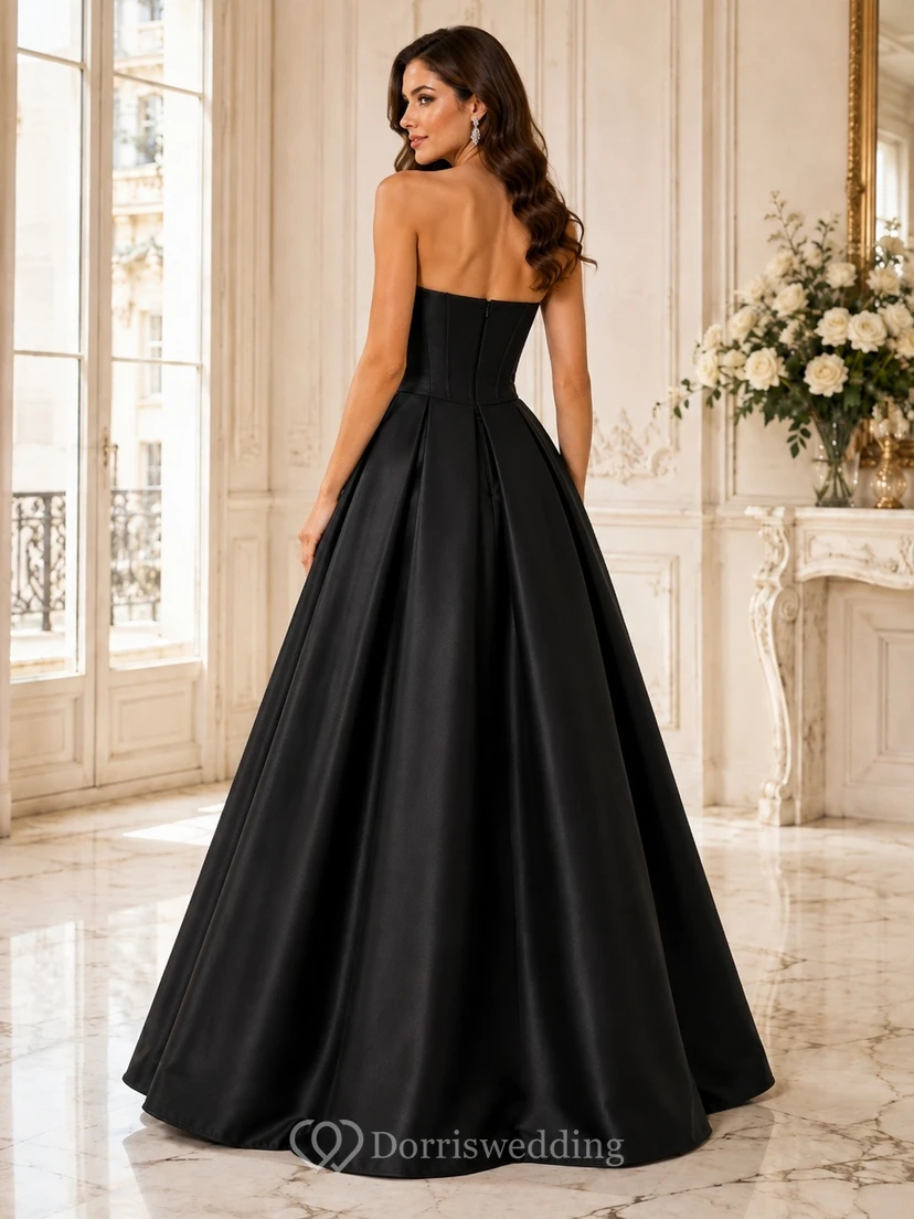 Black Simple Strapless Satin Princess Ball Gown Formal Dress view 2