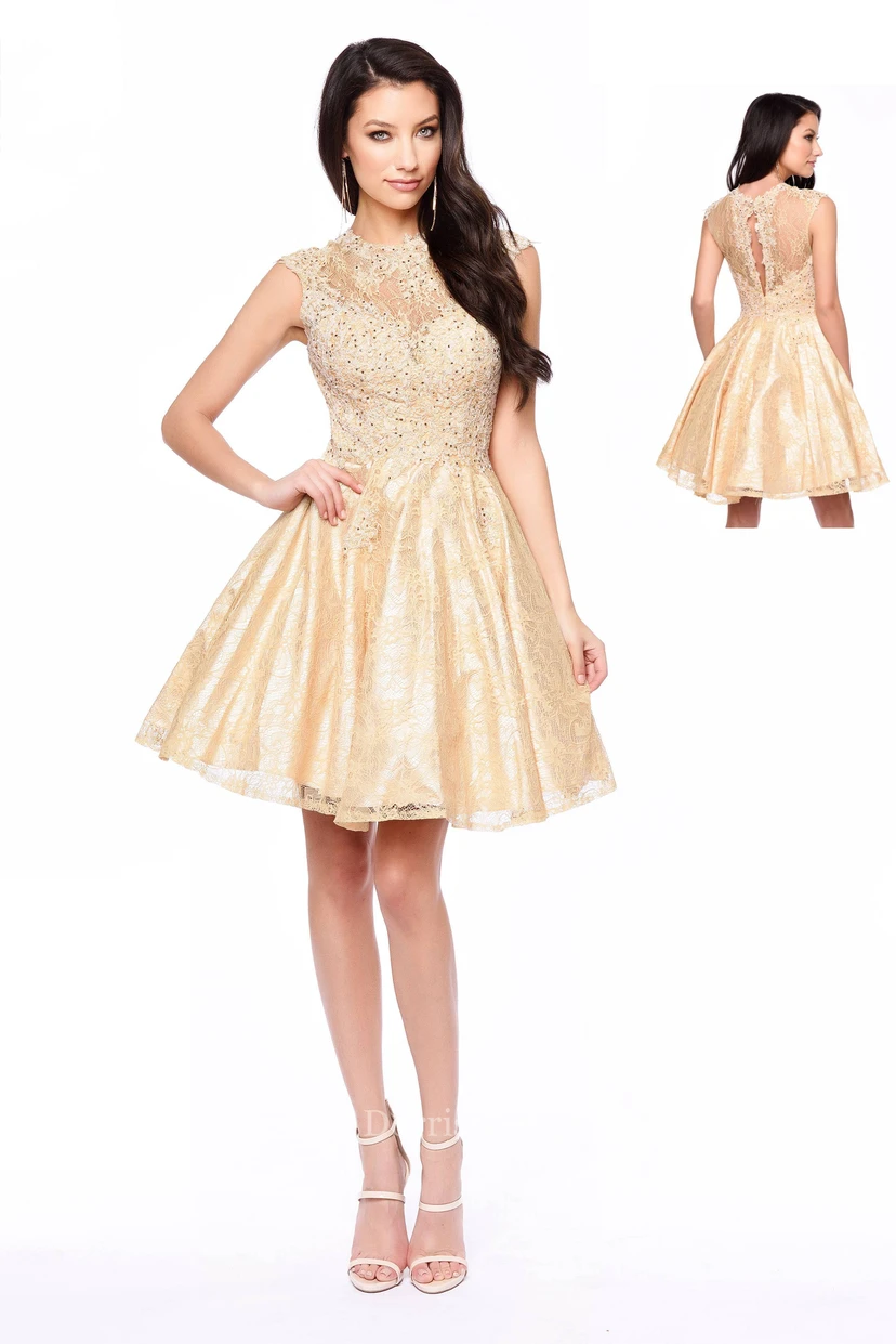 A-Line Short High Neck Cap-Sleeve Lace Illusion Dress With Appliques
