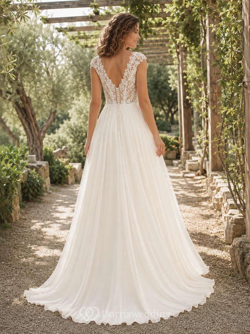 Boho-Brautkleid mit kurzen Ärmeln, Spitze an der Taille und Chiffon view 2