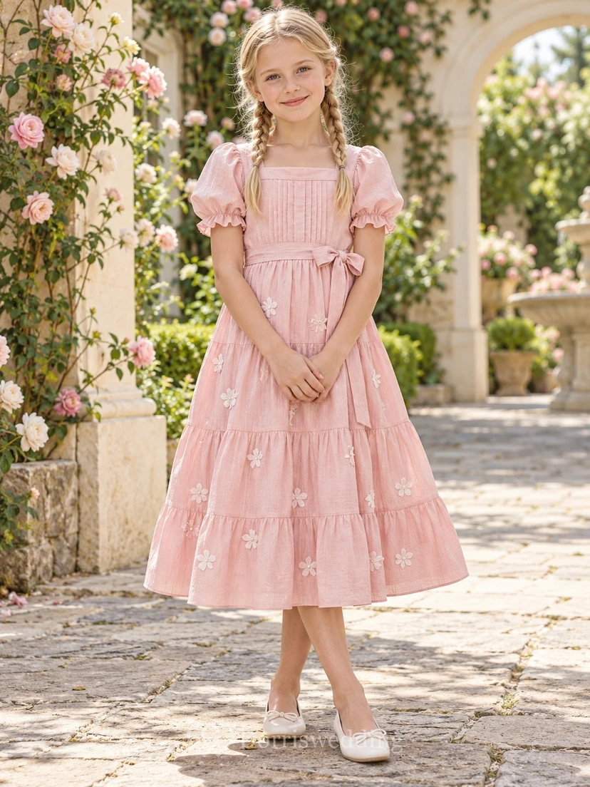 Blushing Pink Square Neck Puff Sleeve Tiered Flower Girl Dress
