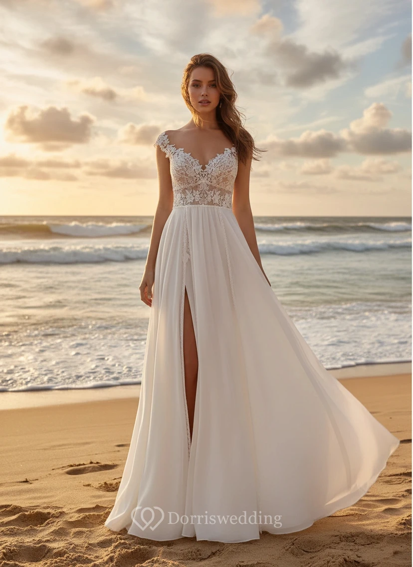 Empire Beach Slit Wedding Dress with Lace and Chiffon