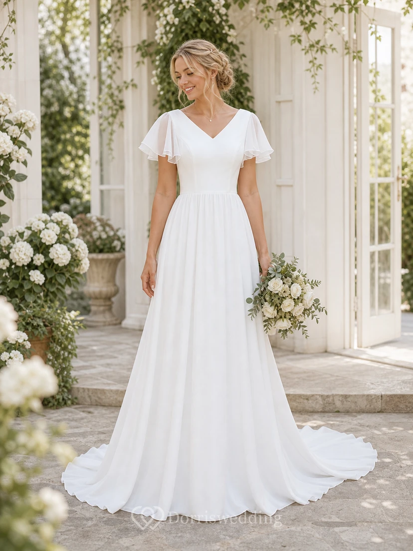 Robe de mariée décontractée en mousseline de soie, coupe trapèze, longueur au sol, traîne brossée, manches courtes et volants, col en V. view 2