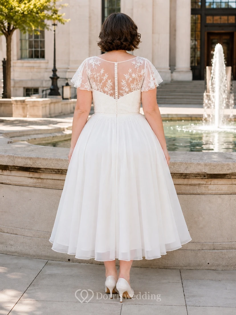 Romantisches Hochzeitskleid in Übergröße: Teelänge, Illusion-Spitze, kurze Ärmel, A-Linie, Tüll view 2
