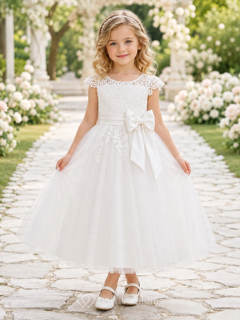 Flower Girl Dress Ivory Lace Tulle A-Line Short Sleeve Scoop Neck Tea Length Bow Back