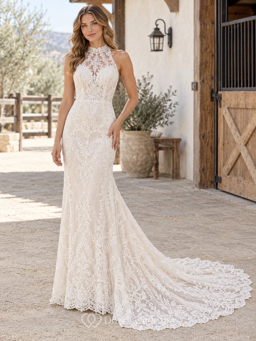 Western Halter High Neck Fitted Floral Lace Train Wedding Dress