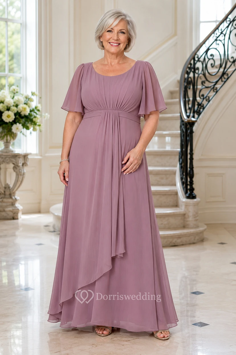 Altrosa Chiffon-Kleid in A-Linie in Übergröße mit Cape-Ärmeln