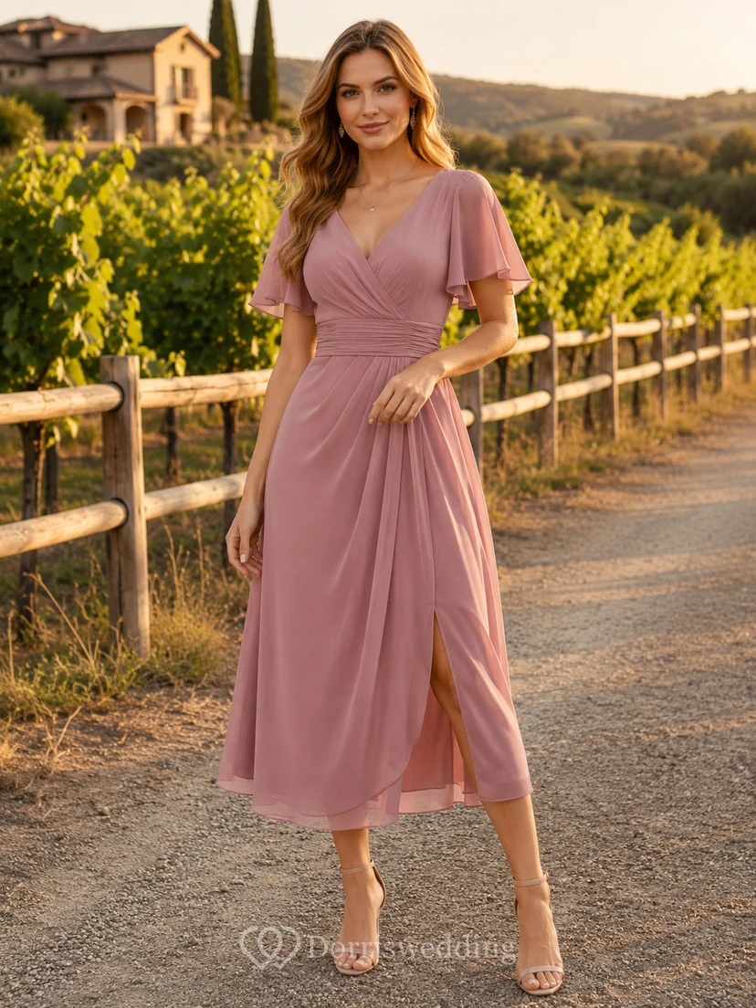 Dusty Rose Winery Gartenhochzeitsgast Brautjungfer Cocktailkleid A-Linie Teelänge V-Ausschnitt Kurze Ärmel Chiffon Raffung Reißverschluss hinten
