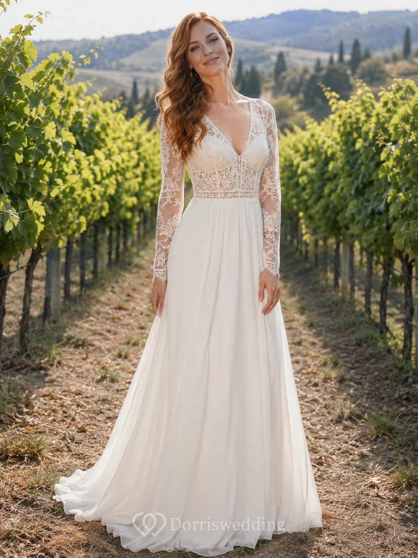 Brautkleid aus Chiffon mit offenem Rücken und langen Ärmeln im Weinberg-Stil