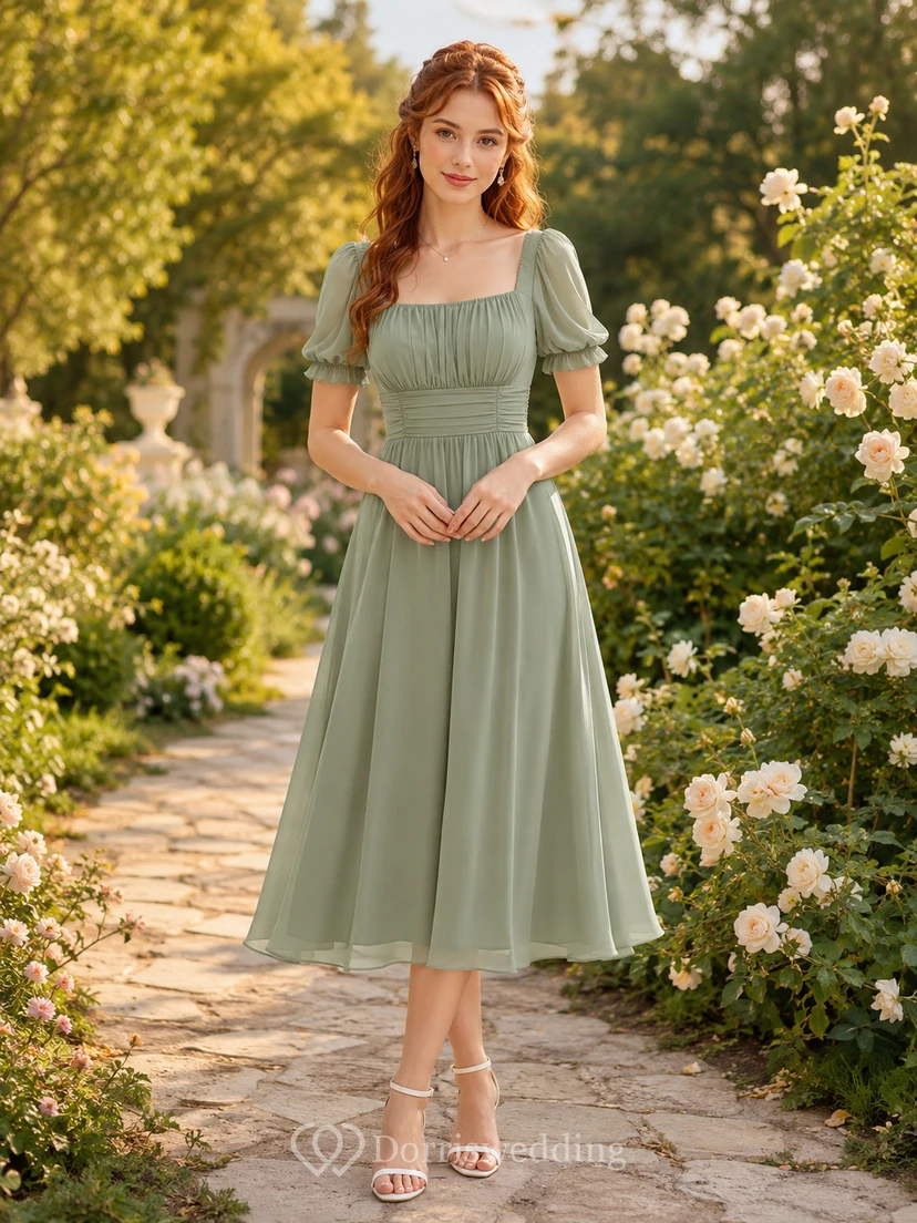 Sage Green Affordable Square Neck Puff Sleeve Chiffon Tea Length A Line Dress