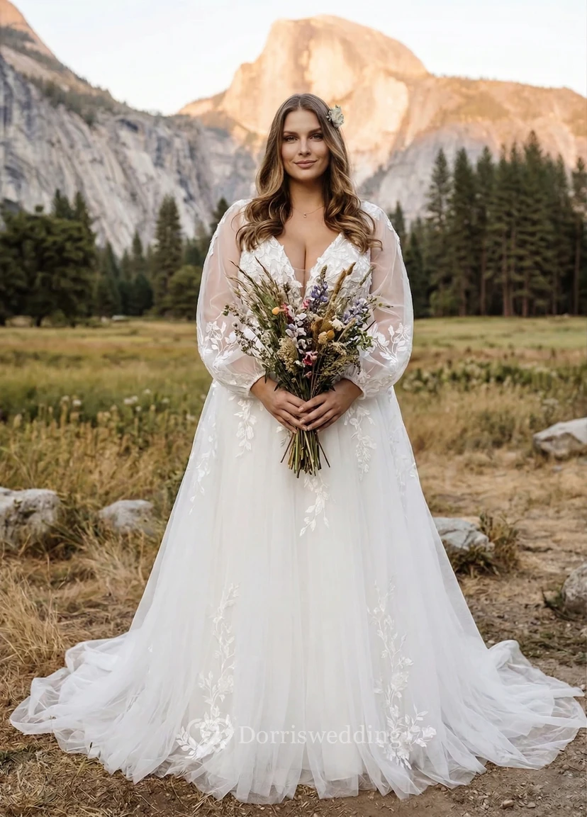 Plus Size Boho Long Sleeve Lace Tulle A-Line Wedding Dress with V-Neck