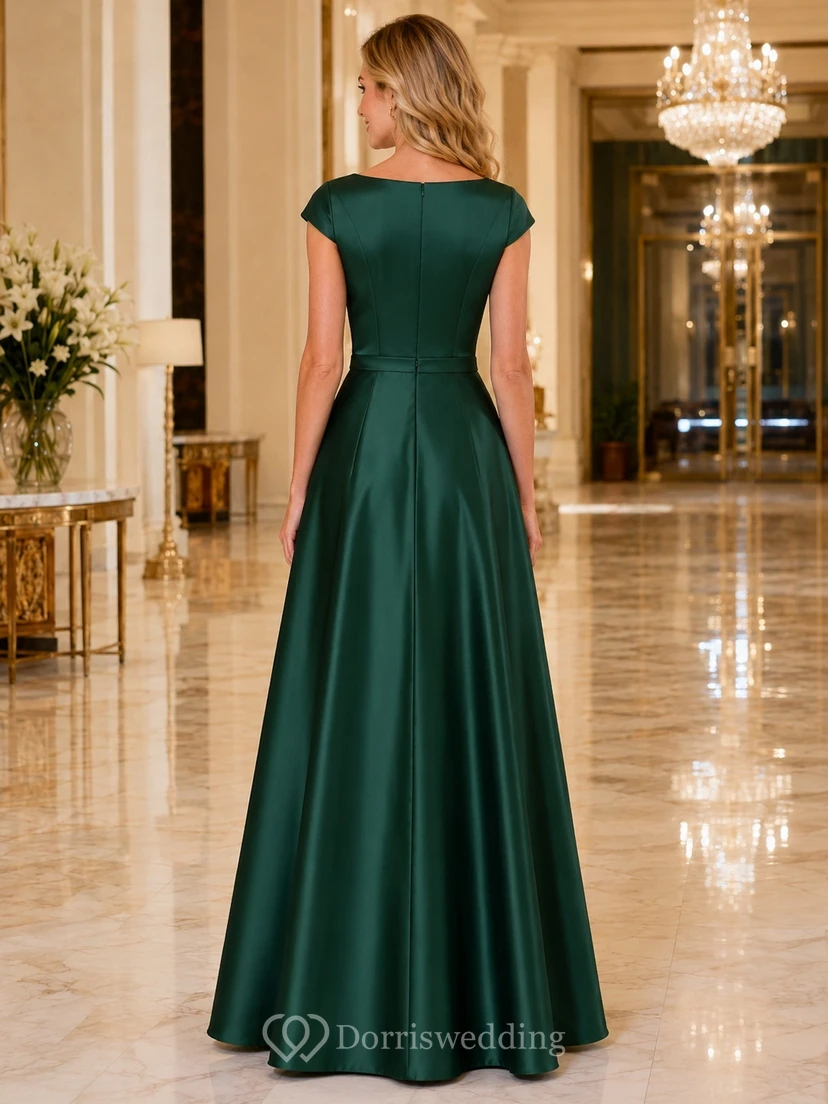 Dark Green Bateau Cap Sleeve Satin A-Line Floor-Length Formal Evening Dress view 2
