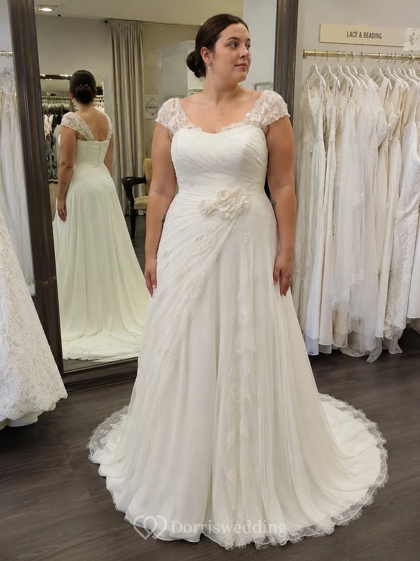 V-neck Cap Empire Chiffon Ruched Draped Wedding Dress with Tiers view 6