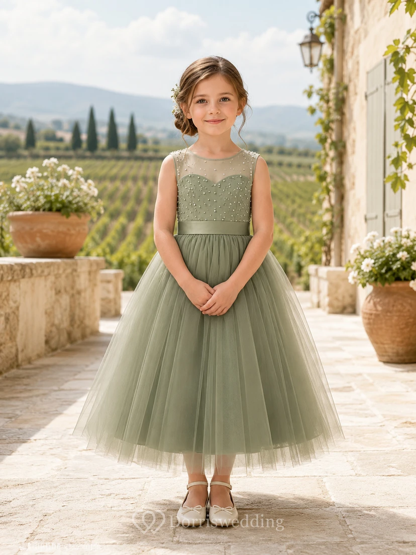 Simple Modern Flower Girl Dress Jewel Neck Sleeveless Sage Tulle Tea Length Satin Waist