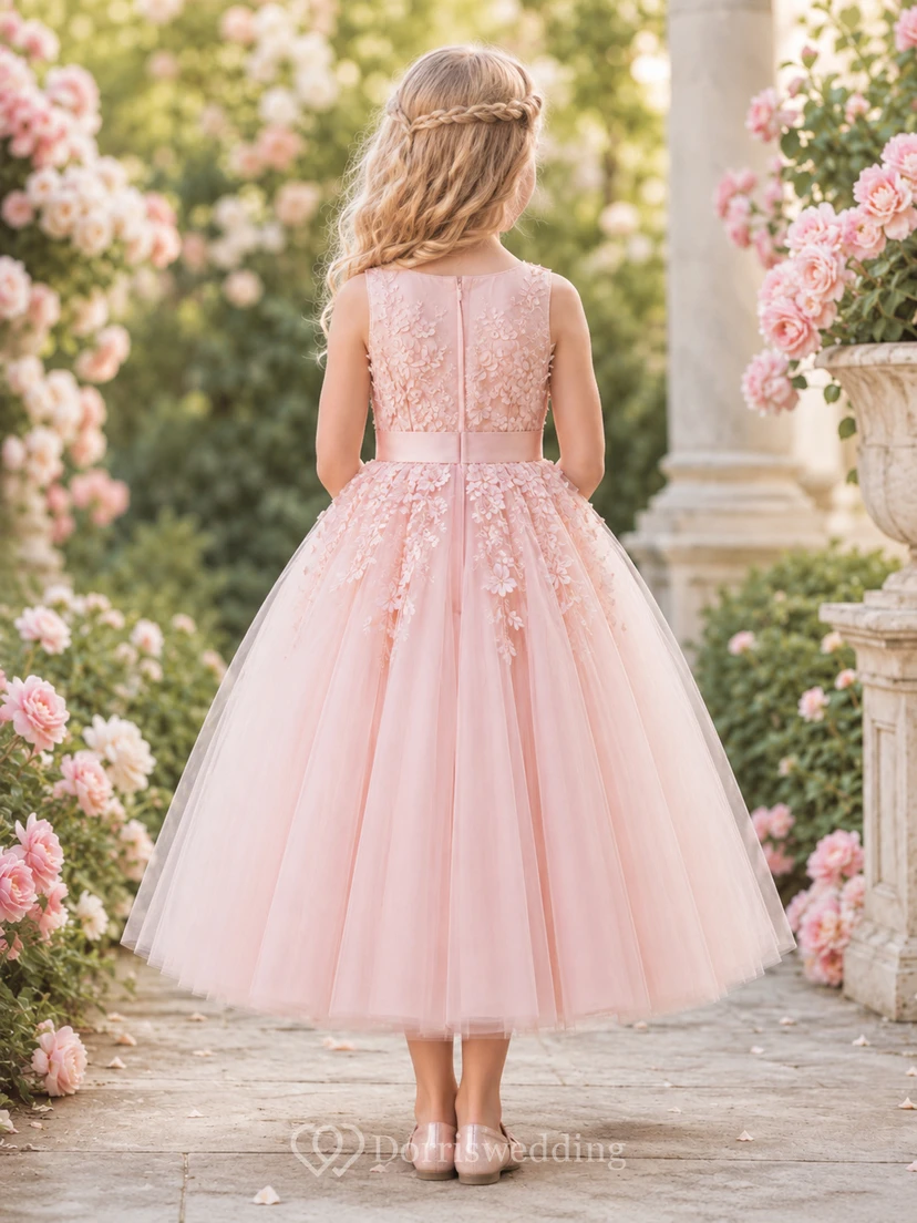 Flower Girl Dress Blush Lace Tulle A-Line Jewel Neck Tea Length view 2