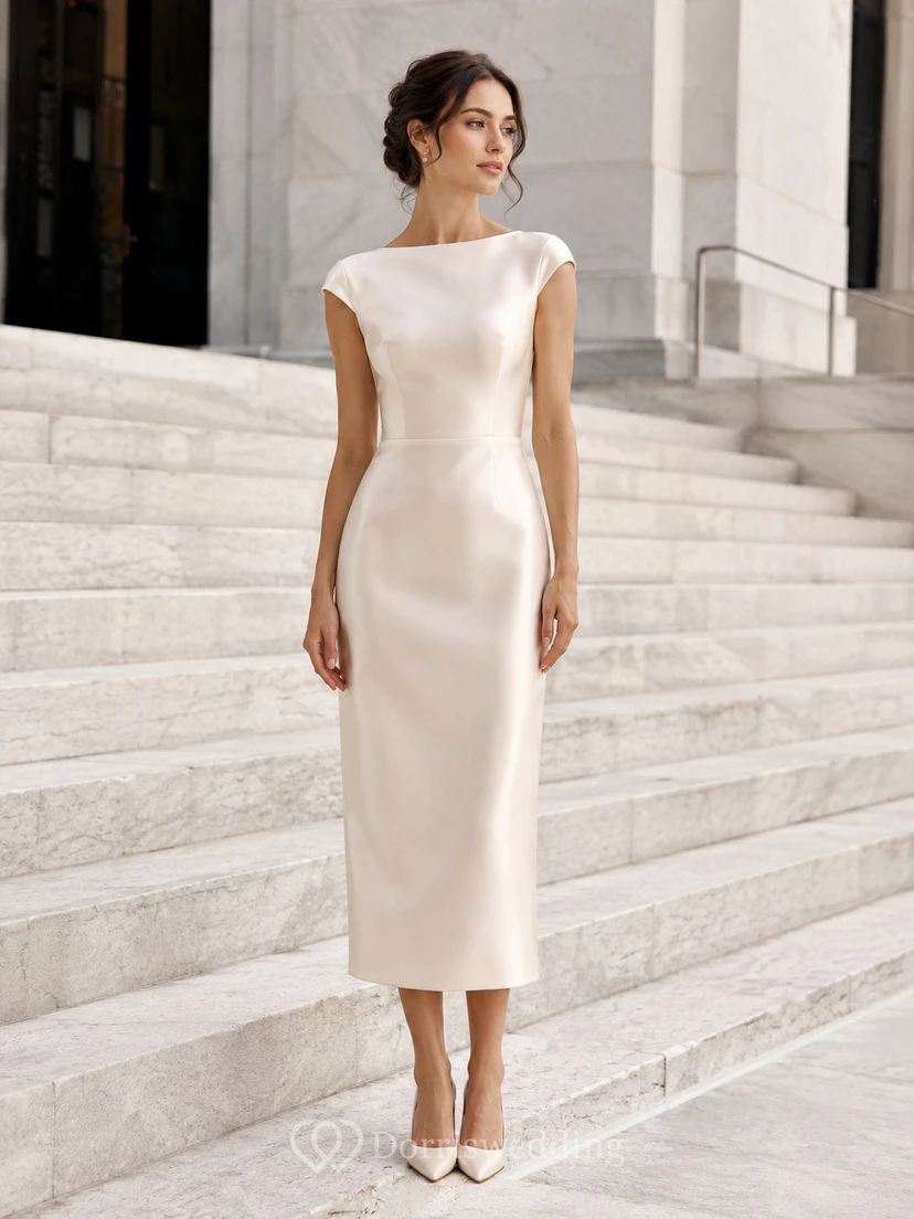 Vestido de novia midi de satén con escote barco para el juzgado y el ayuntamiento.