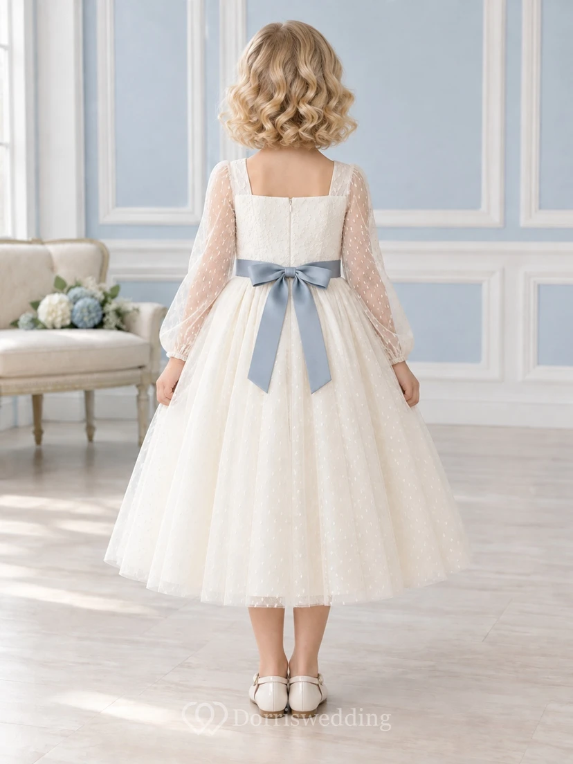 Tea-length Long Sleeve Square Neck Ivory A-line Lace Tulle Blue-sash Flower Girl Dress view 2