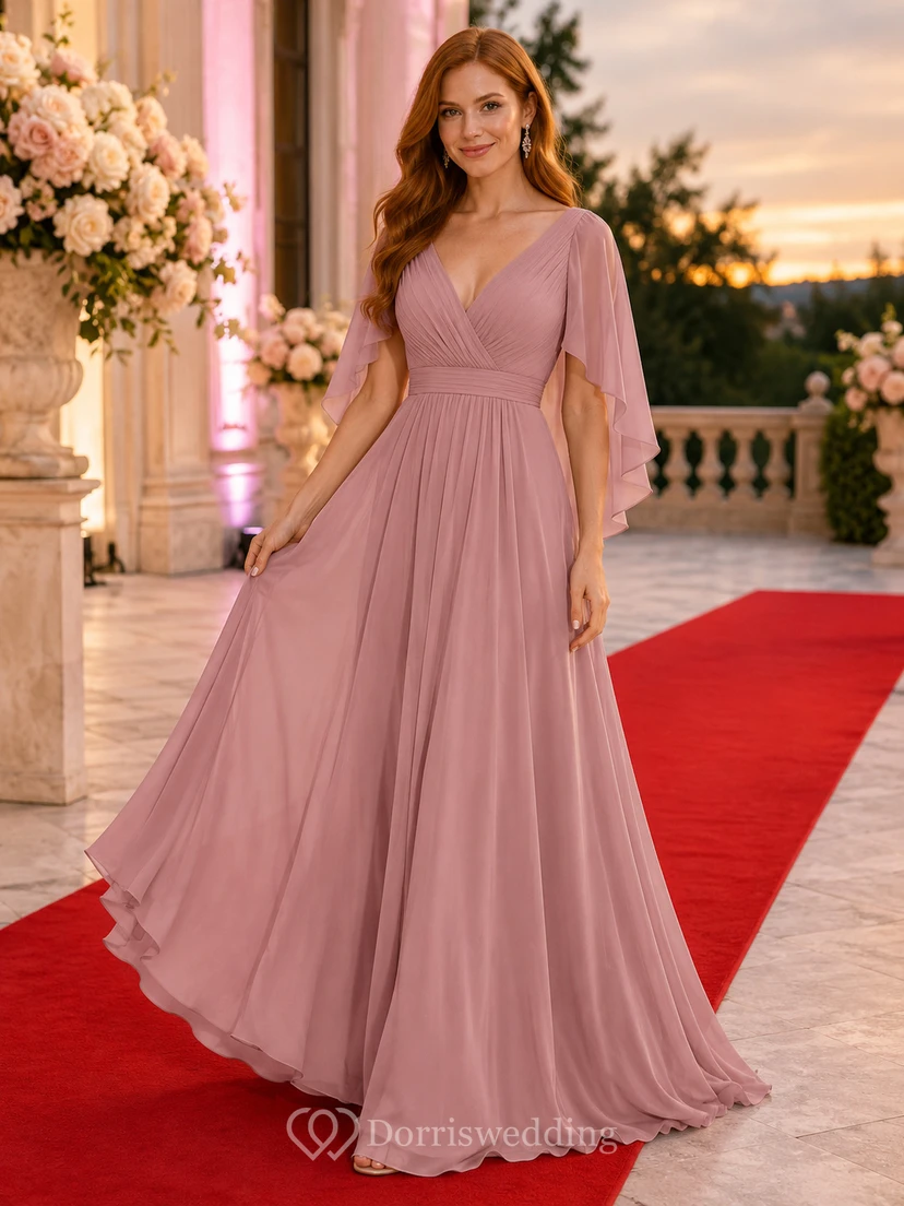 Dusty Rose Glamorous Gala Wedding Guest Bridesmaid Evening Formal Dress A-Line Floor-Length V-Neck Long Sleeve Chiffon Pleated Low V Back