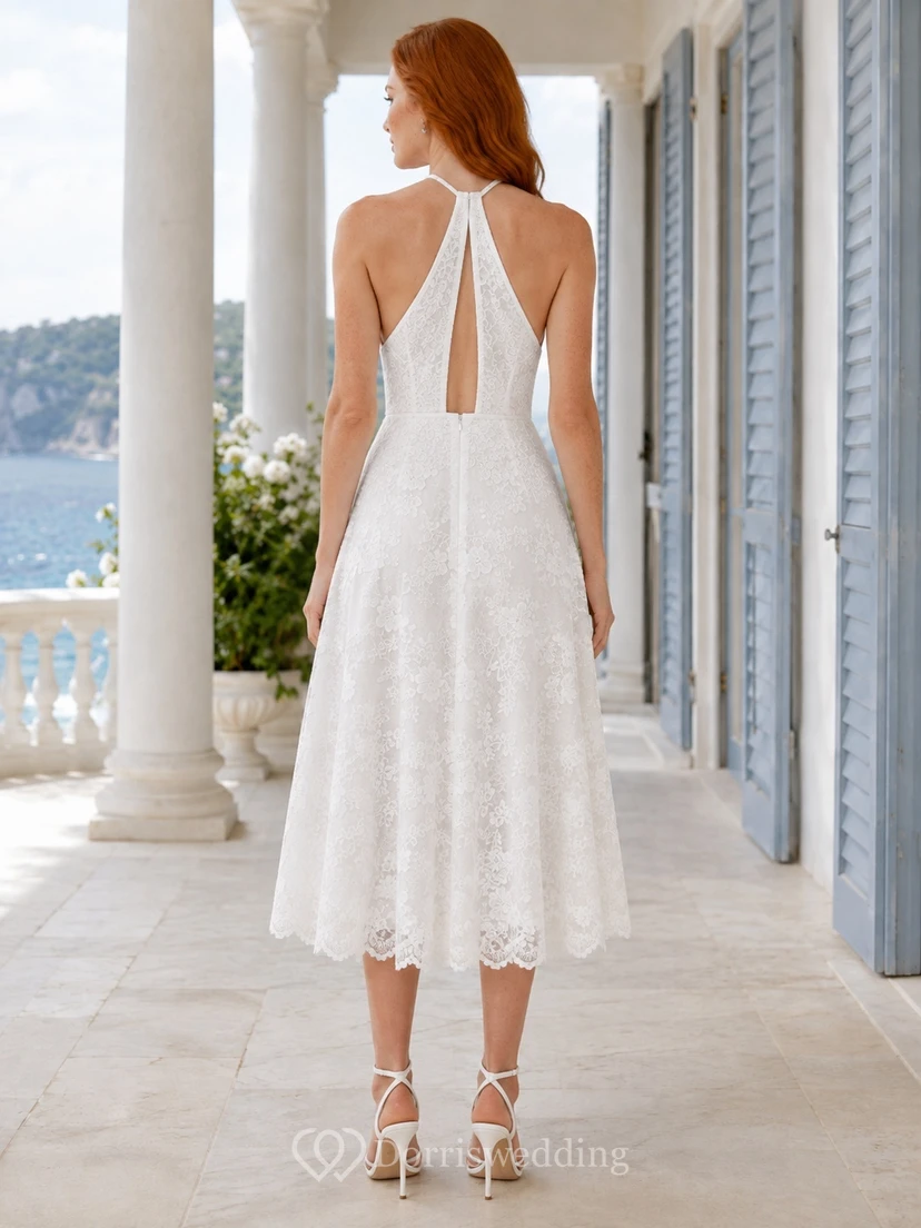 Boho-Hochzeitskleid in Teelänge mit Neckholder, Spitze, A-Linie und offenem Rücken view 2