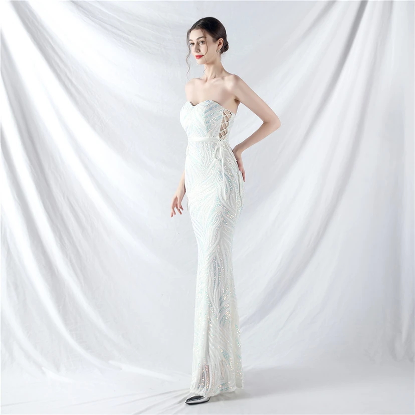 Vestido de noche con tirantes, top tipo tubo y lentejuelas apiladas encriptadas, con método de doble atado de cuerda. view 42