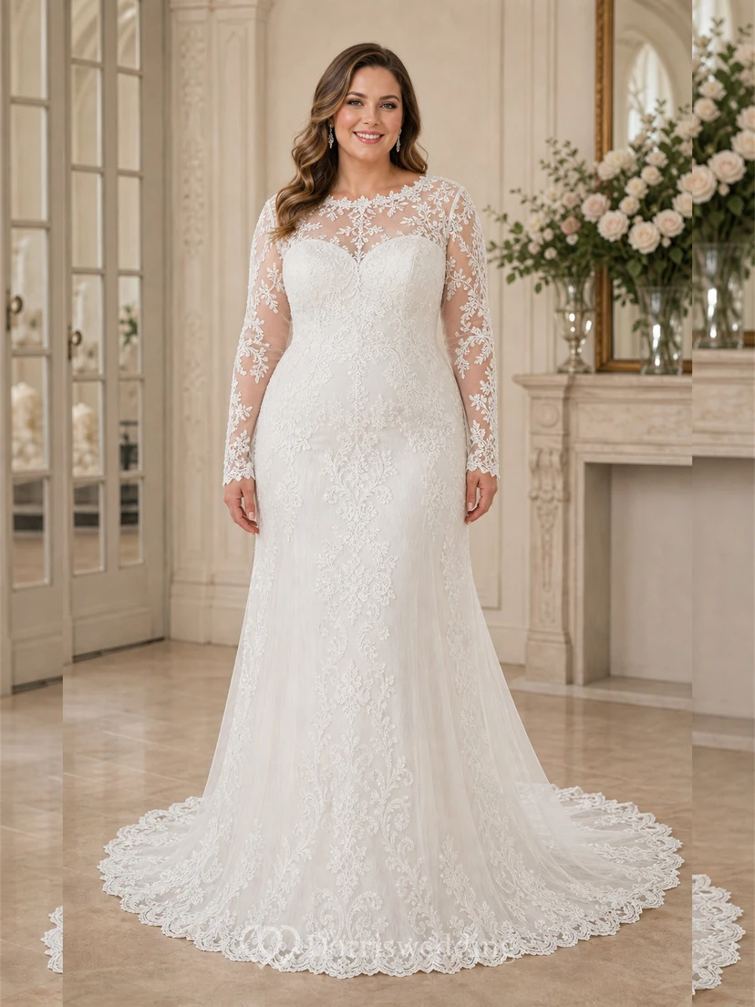 Sheath Long-Sleeve High Neck Tulle&Lace Wedding Dress With Sweep Train view 5
