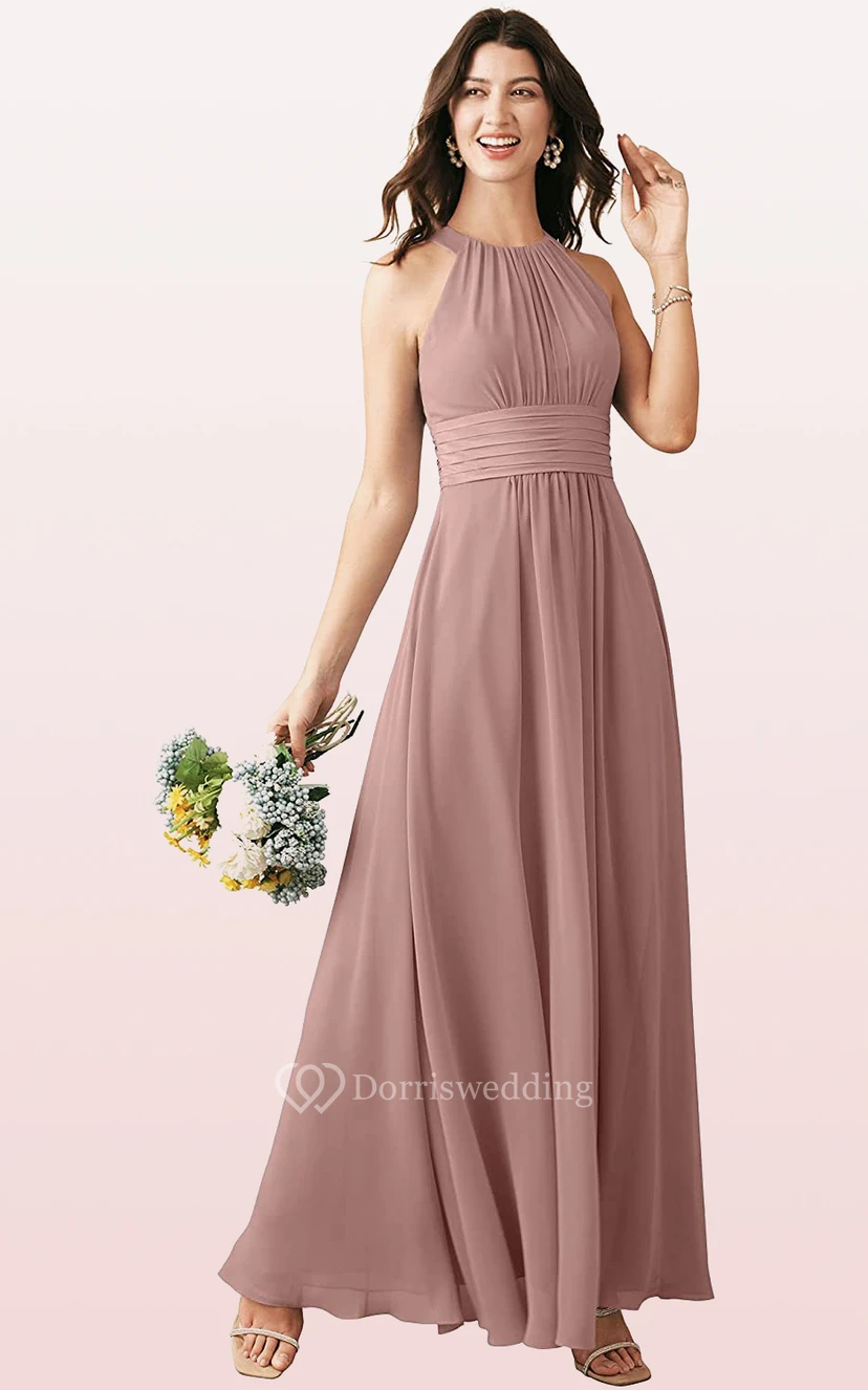 Modern Halter A Line Sleeveless Ankle-length Chiffon Bridesmaid Dress With Ruching view 10