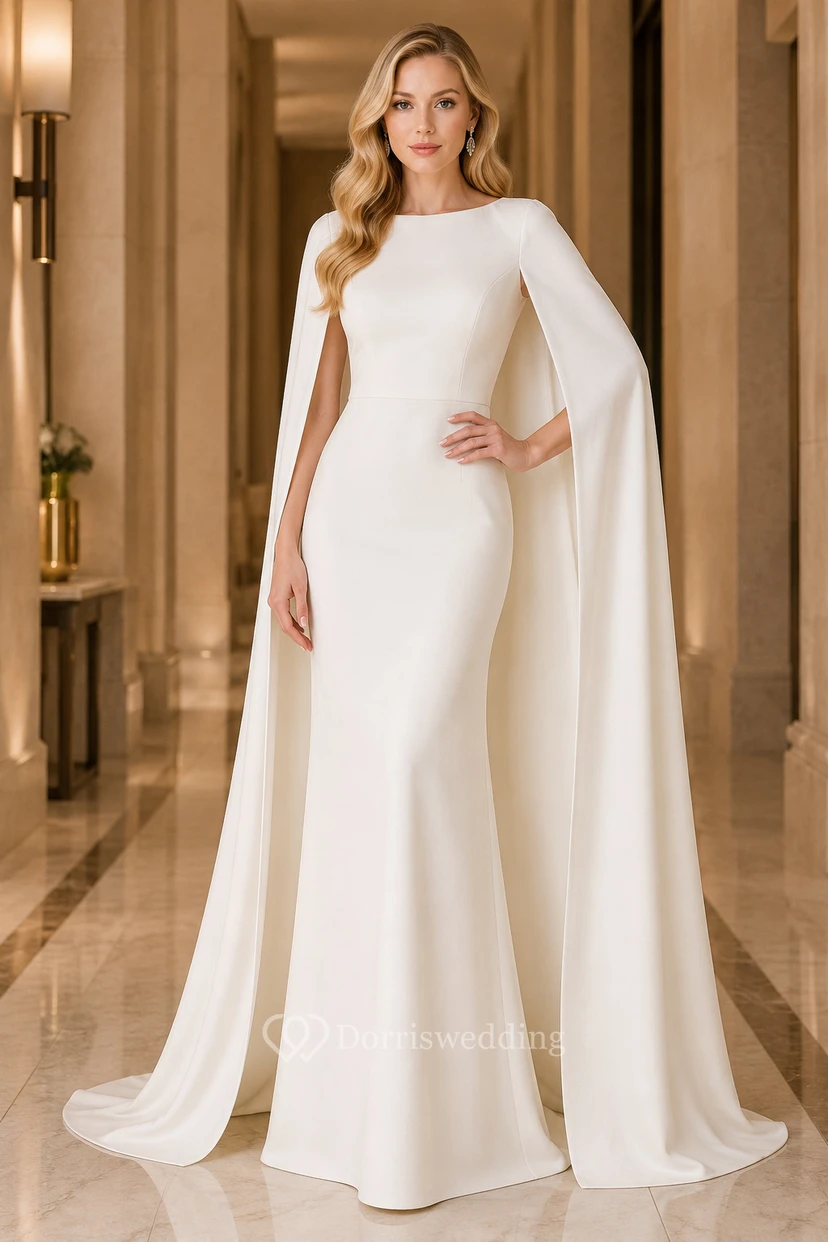 Robe de mariée fourreau blanche simple à manches cape, encolure bateau et longue traîne.