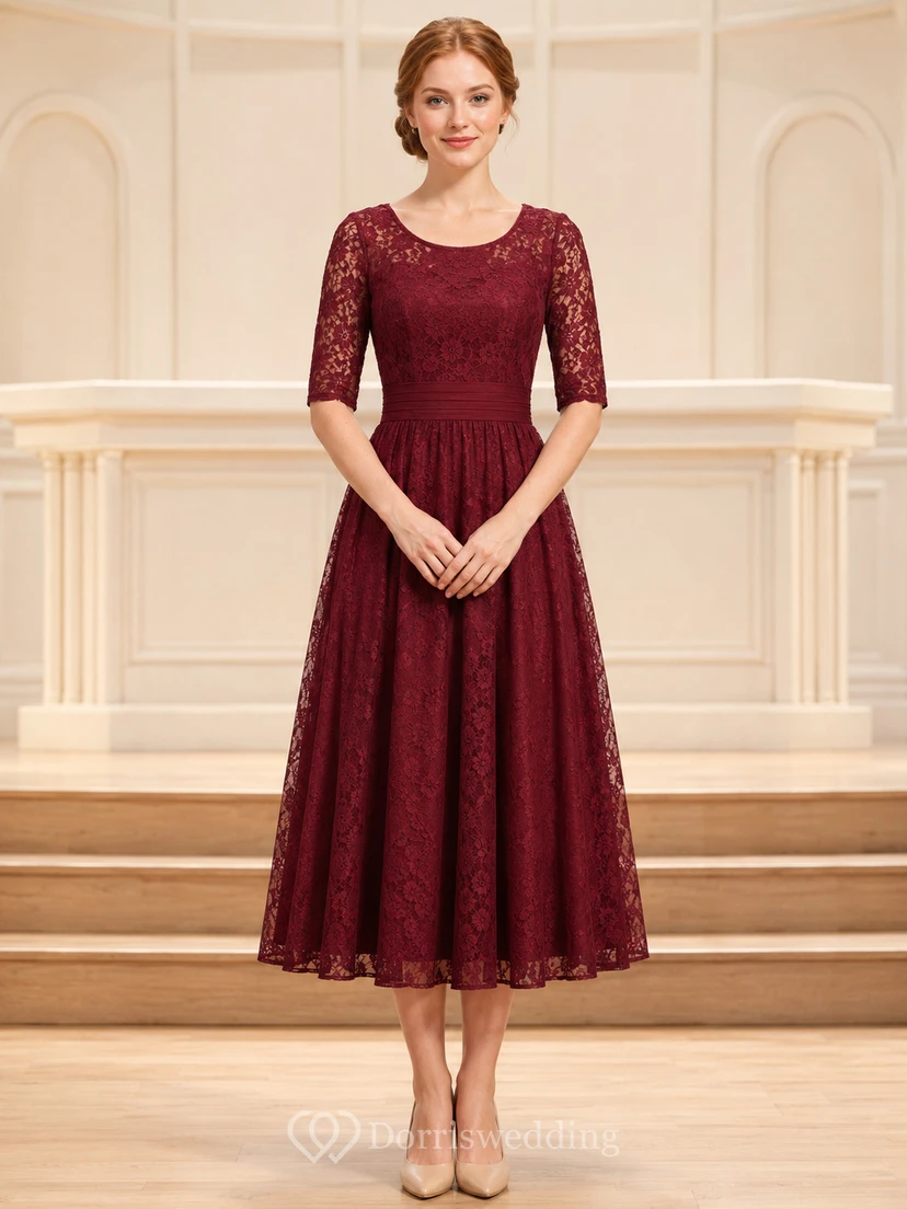 Burgundy lace three quarter sleeve choir concert midi dress