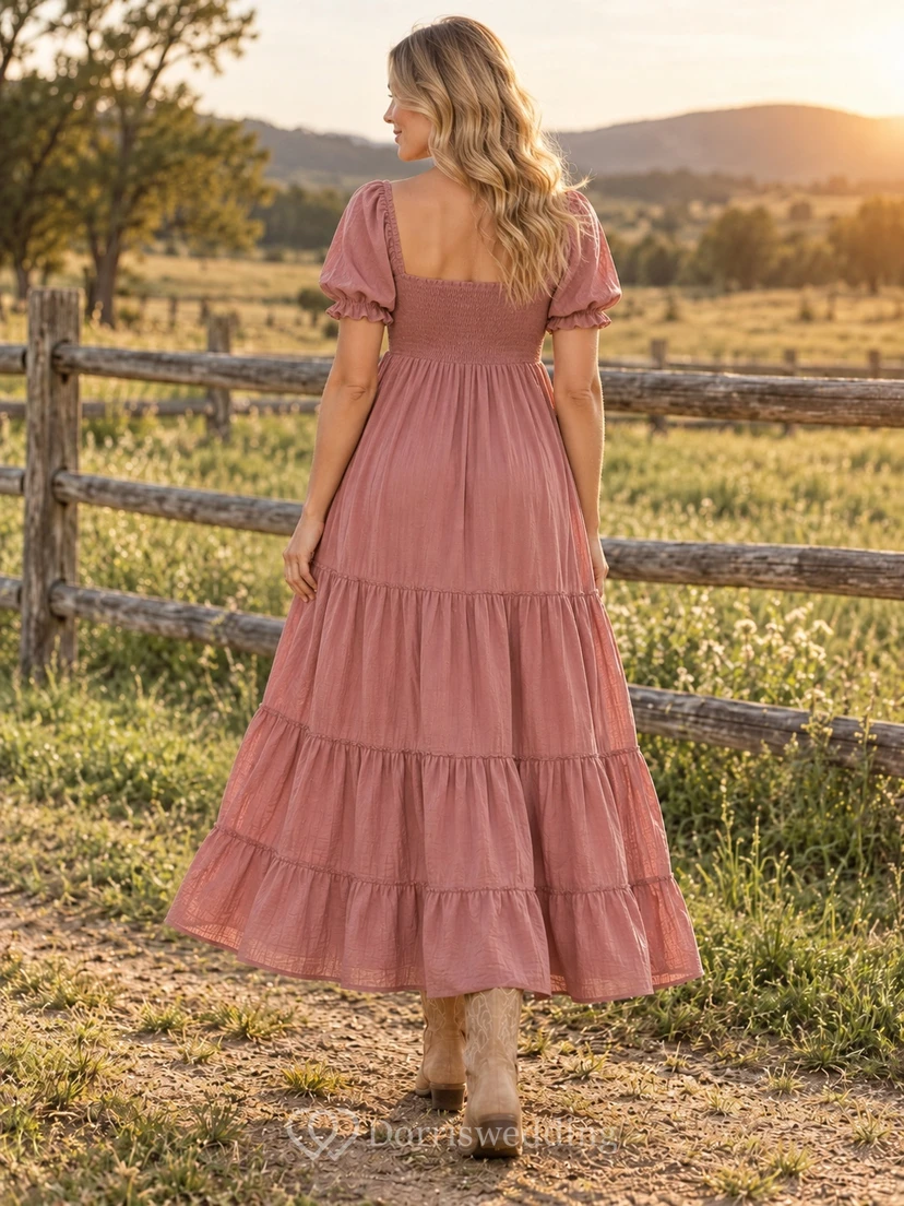 Robe de maternité champêtre à col carré et manches bouffantes à volants rose poudré view 2