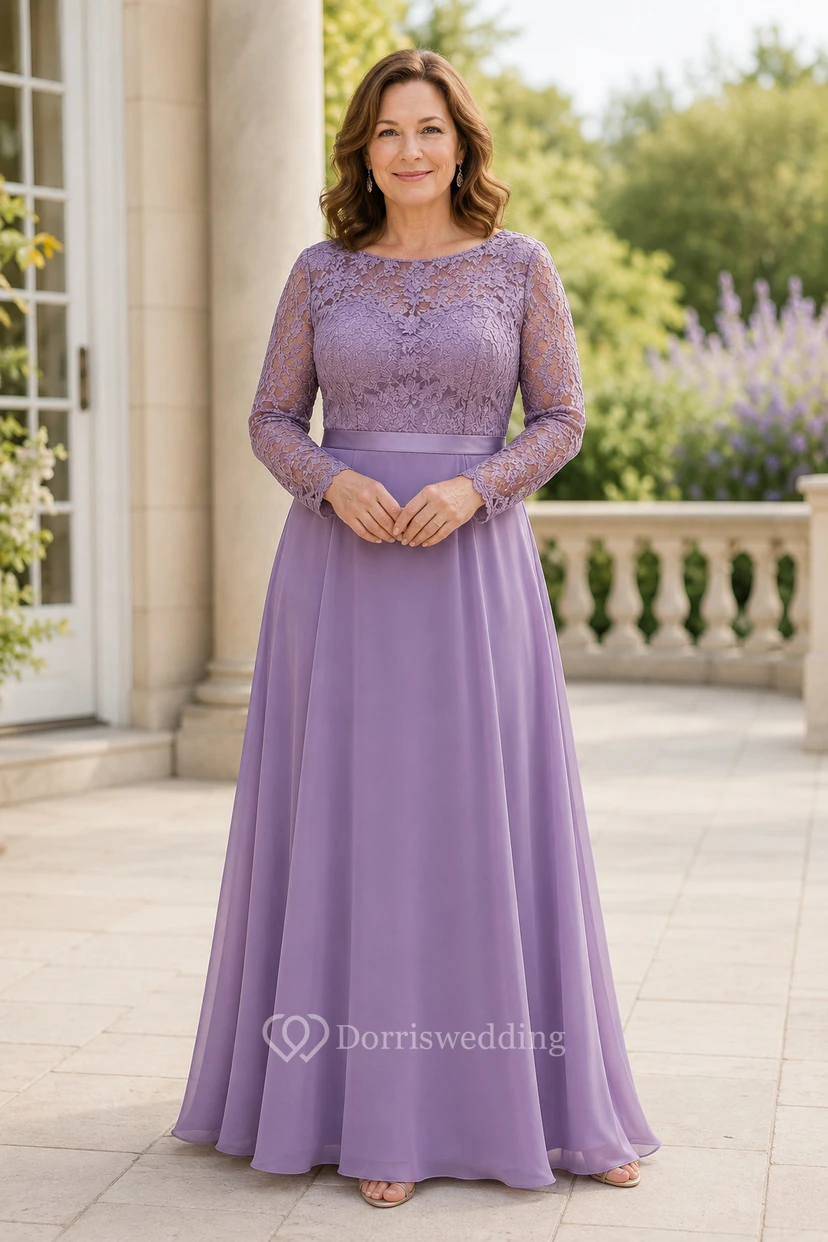 MOB-Kleid aus Wisteria-Chiffon mit Spitze, A-Linie, langen Ärmeln, U-Boot-Ausschnitt, bodenlang, mit Schärpen-Detail