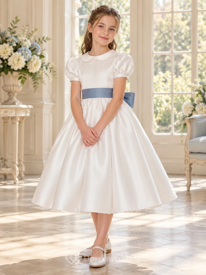 Ivory Blue Sash Peter Pan Collar Puff Flower Girl Dress