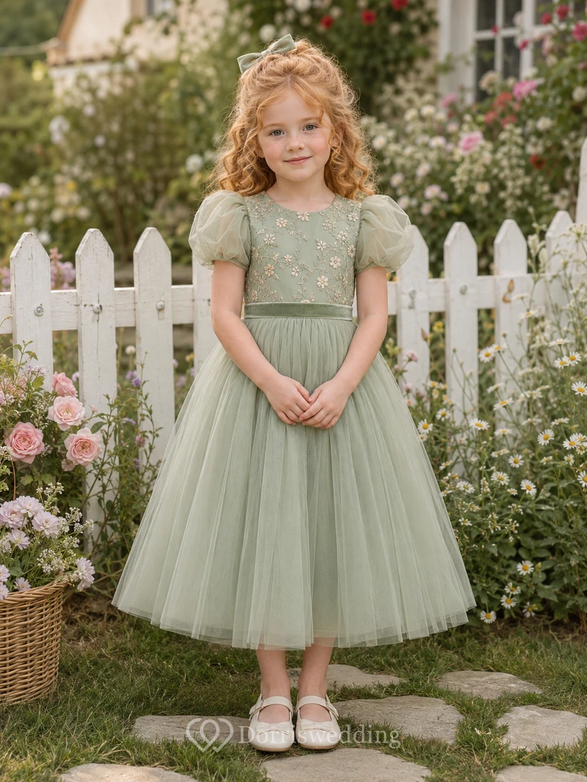 Sage Puff Sleeve Floral Tulle Country Flower Girl Garden Tea-Length Dress