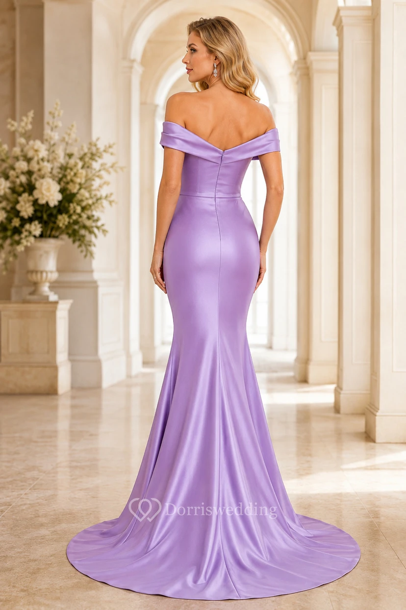 Robe de soirée sirène en satin lavande à épaules dénudées et traîne balayée view 2