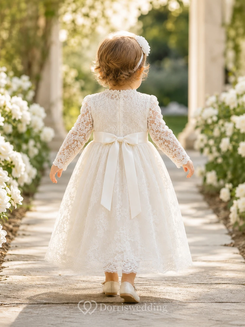 Long Sleeve Christening Dress A-Line Lace Tulle High Neck Bow Back view 2