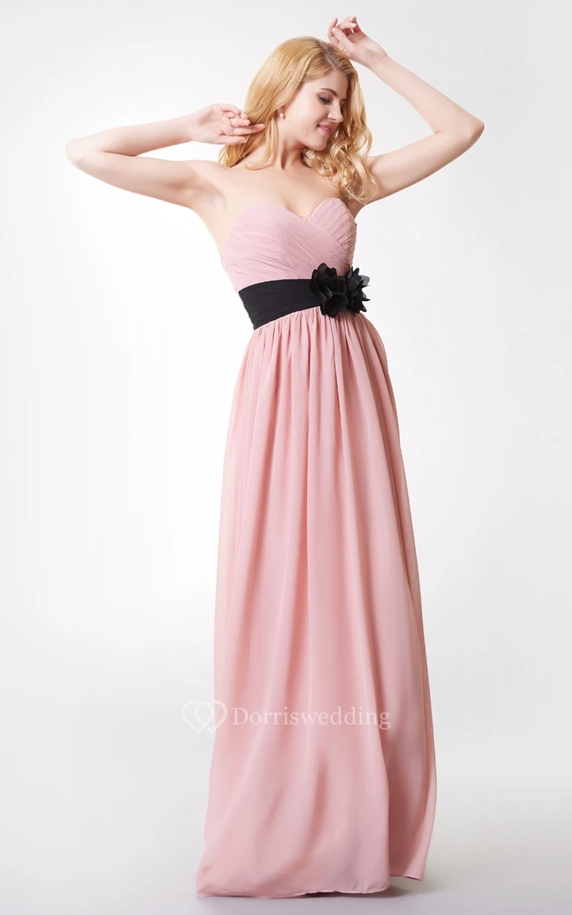 Sweetheart Ruched Floral Backless A-line Long Chiffon Dress view 4