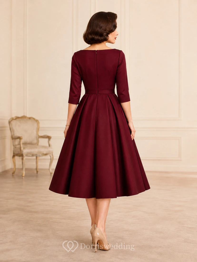 Vestido de cóctel vintage de los años 50, color burdeos, estilo barco, manga tres cuartos, satén plisado, corte en A, largo hasta la rodilla. view 2