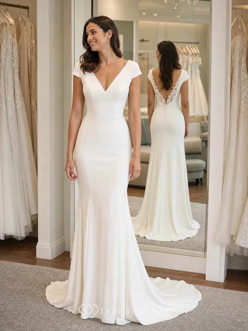 Robe de mariée sirène fourreau unie, col V simple et dos nu en dentelle. view 7