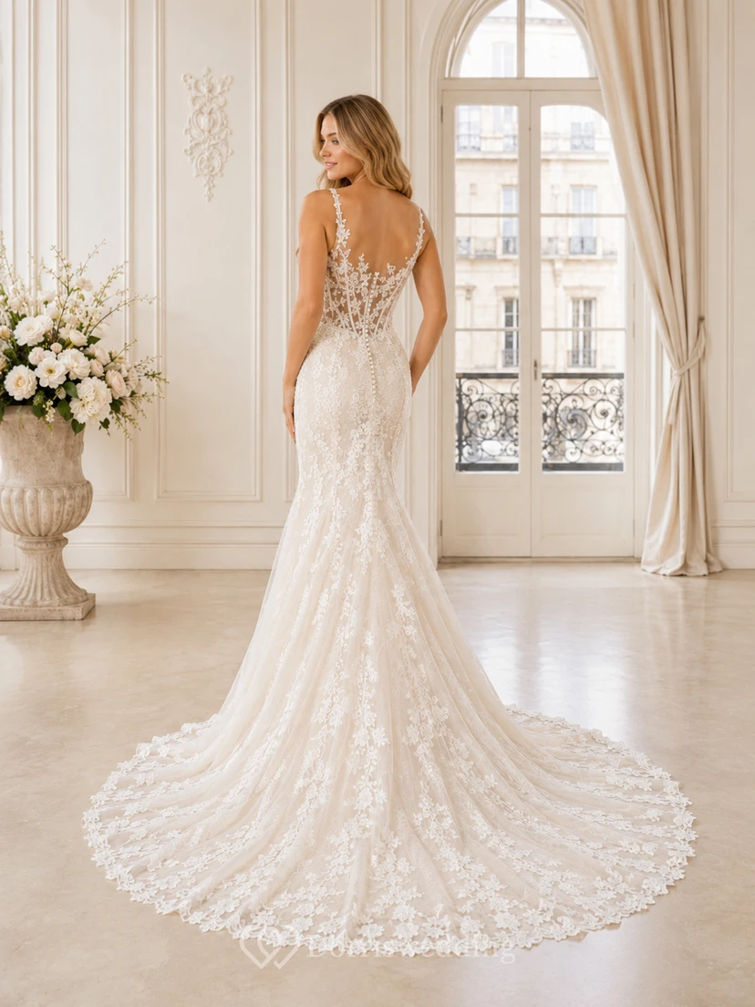 Robe de mariée sirène luxueuse à fines bretelles, dentelle florale et traîne chapelle, ornée de spaghettis et de superpositions view 2