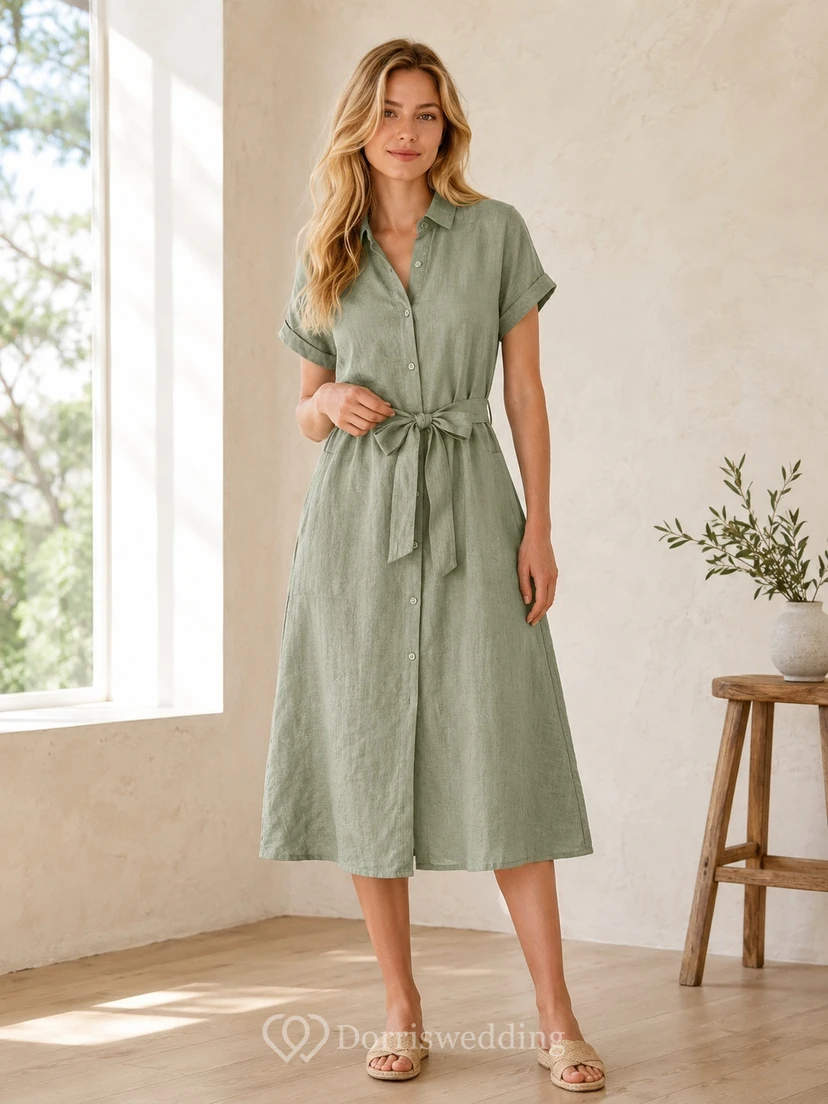 Sage Linen Notched Short Sleeve A-Line Tea-length Casual Country Summer Pockets Dress