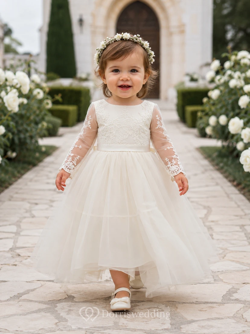 Baptism Dress A-Line Tulle Lace Jewel Neck Long Sleeve Tea-Length view 2