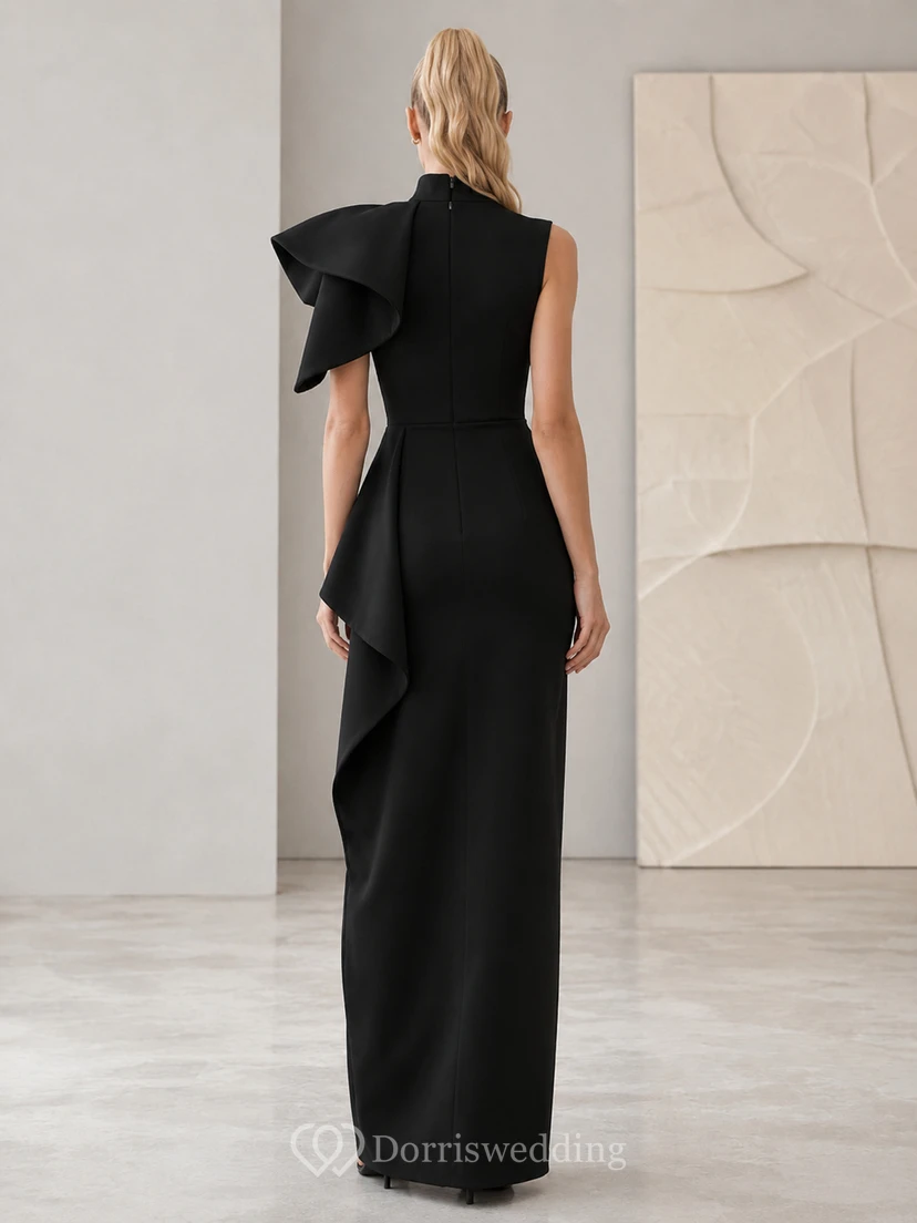 Black High Neck Sculptural Ruffle Shoulder Floor Length Dress view 2
