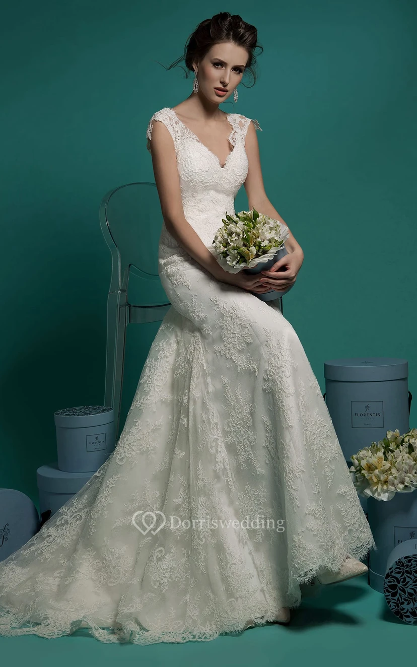 Meerjungfrauen-Kleid aus bodenlangem, ärmellosem Spitzenkleid mit V-Ausschnitt und Illusionseffekt view 3
