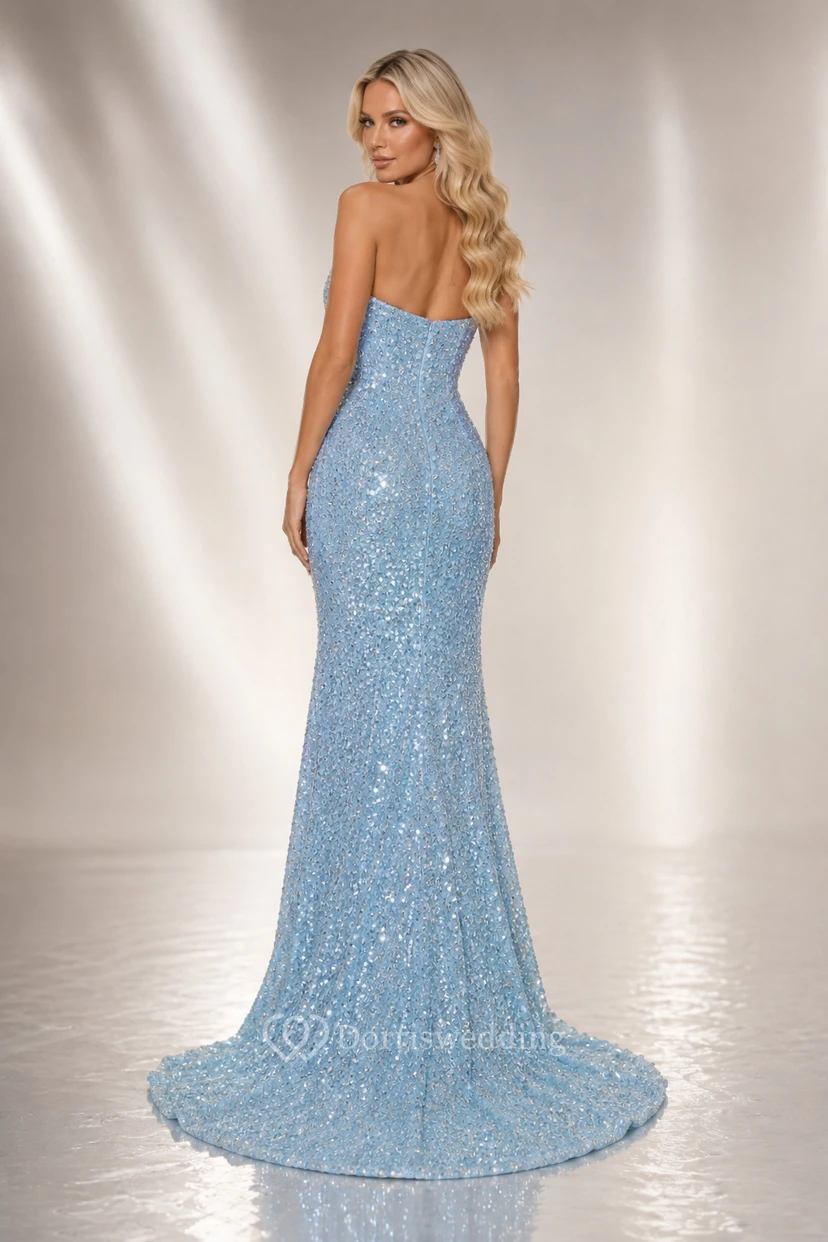 Evening Gown Sky Blue Sequin Mermaid Strapless with Slit Sweep Train view 2